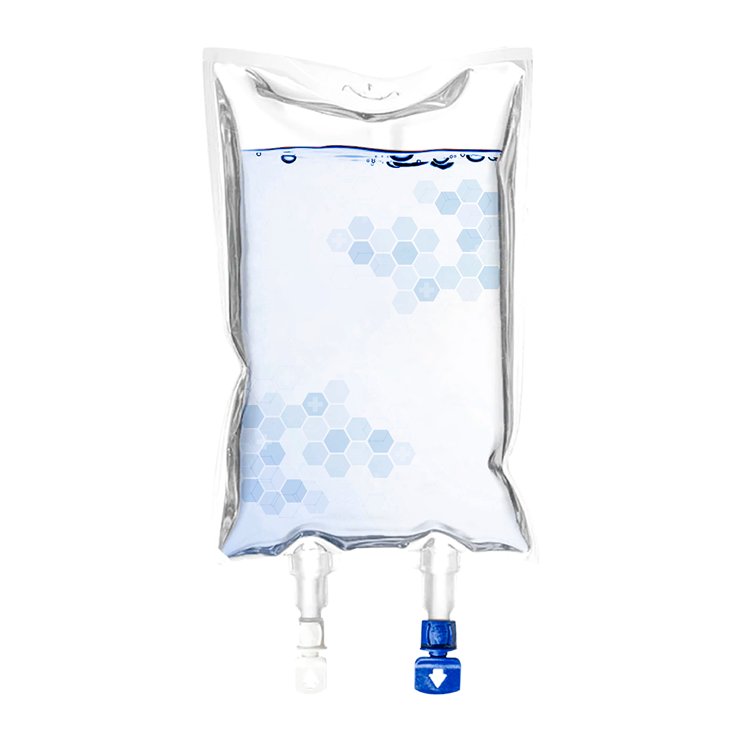 A bag of water with two tubes attached to it on a white background.