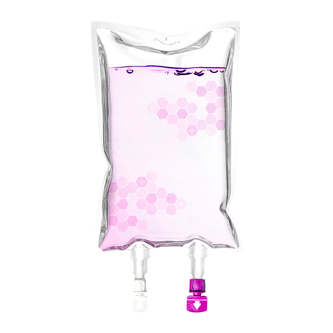 A plastic bag filled with pink liquid and a needle.