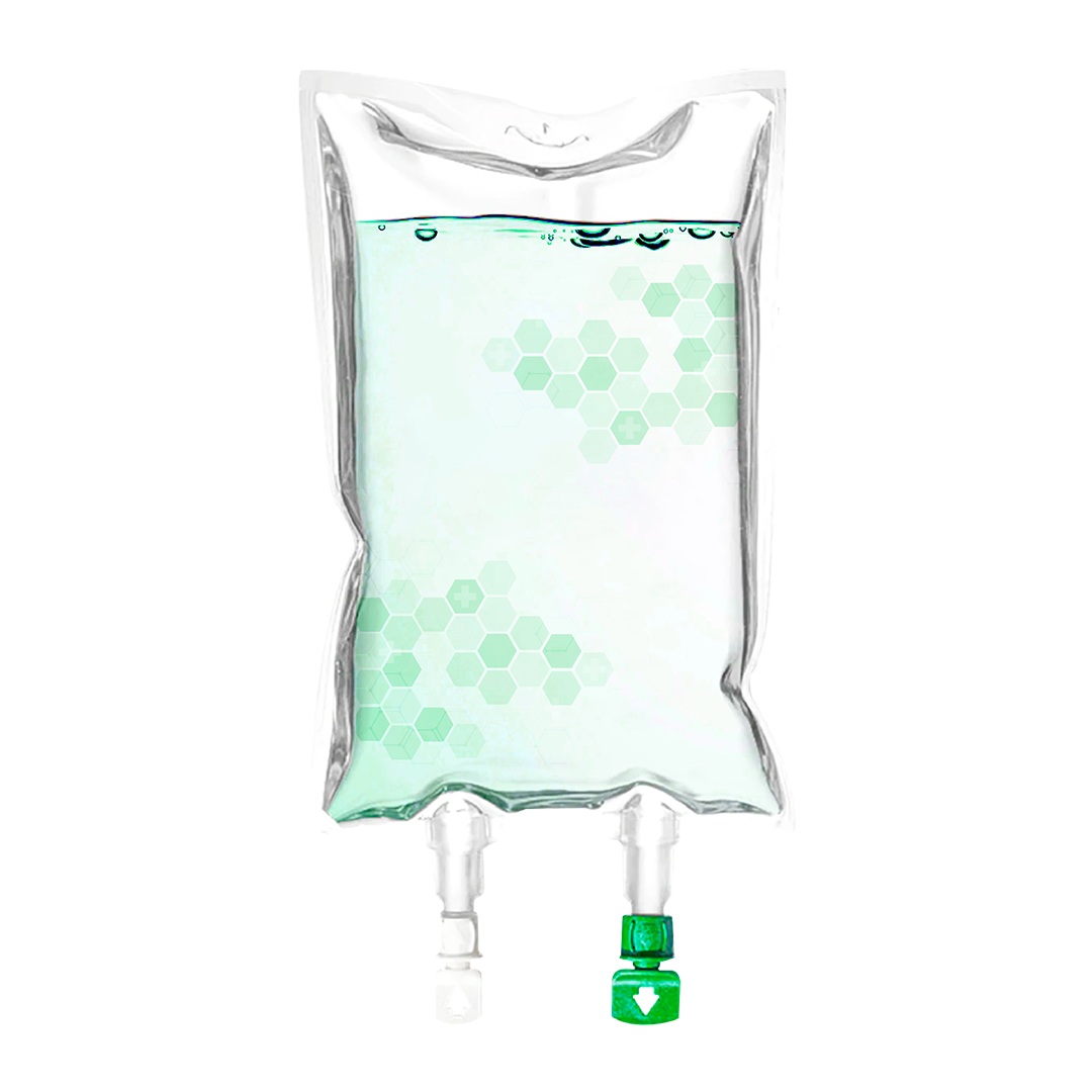 A plastic bag filled with green liquid and a green cap on a white background.