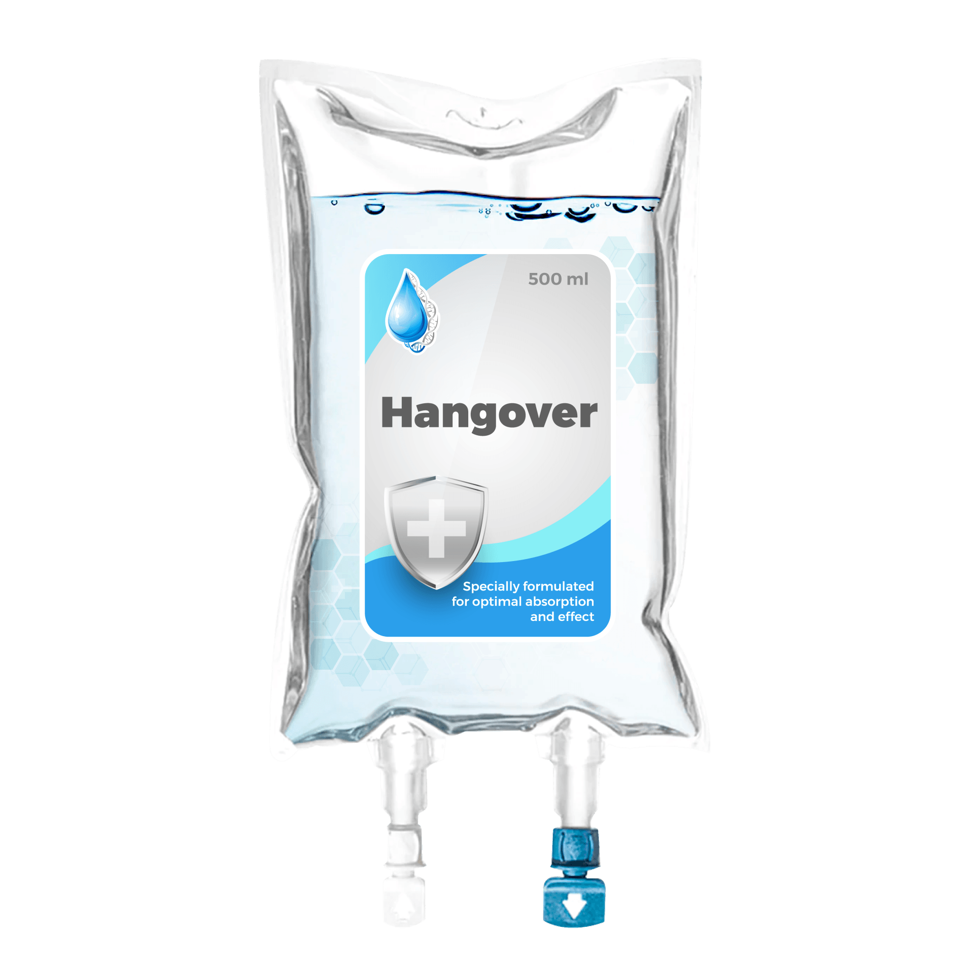 A bag of hangover with a shield and a drop of water on it.