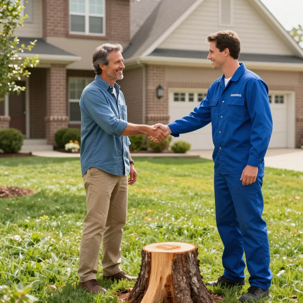 Two men shake hands beside a tree stump in front of a suburban house.