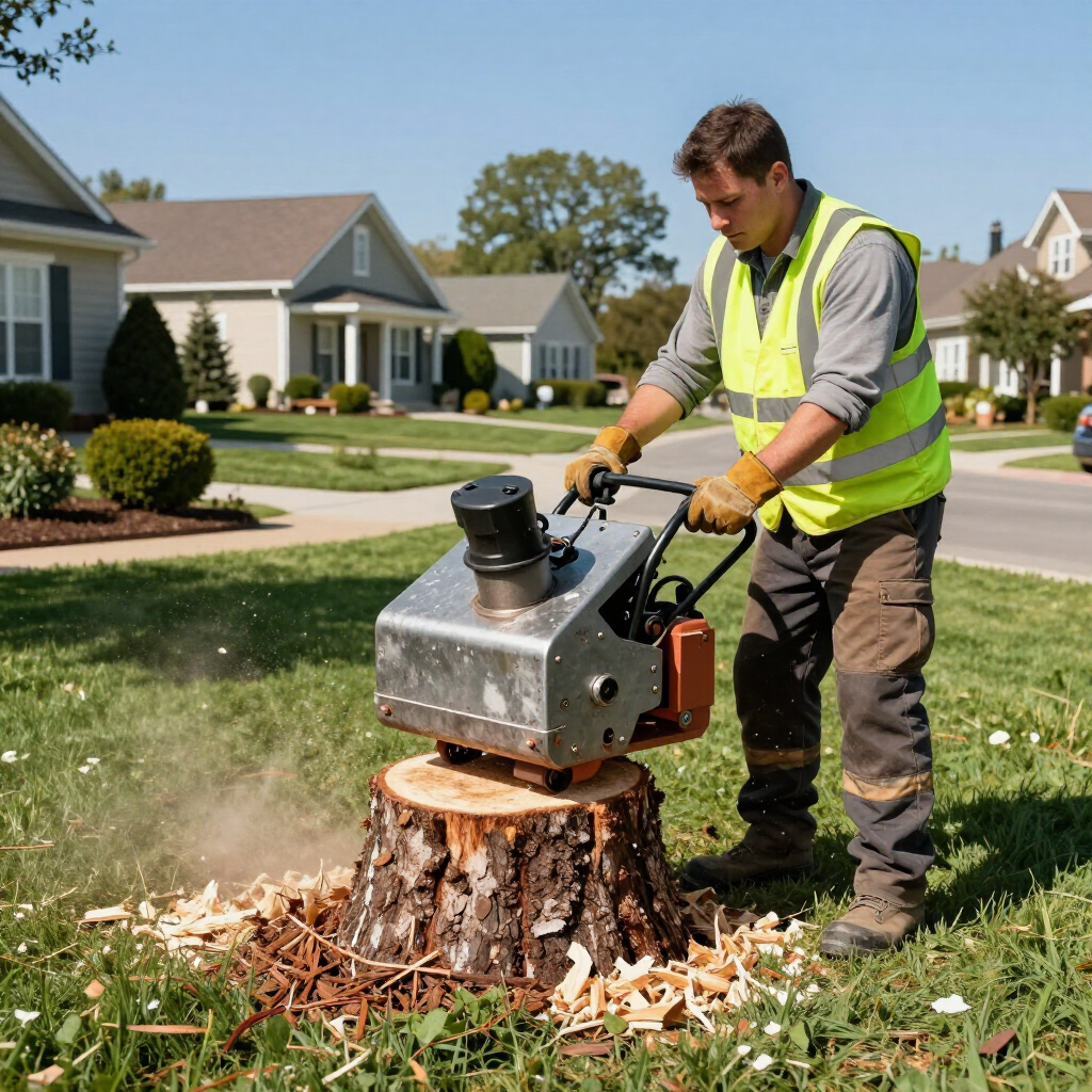 Worker using a stump grinder to remove a tree stump in a suburban yard