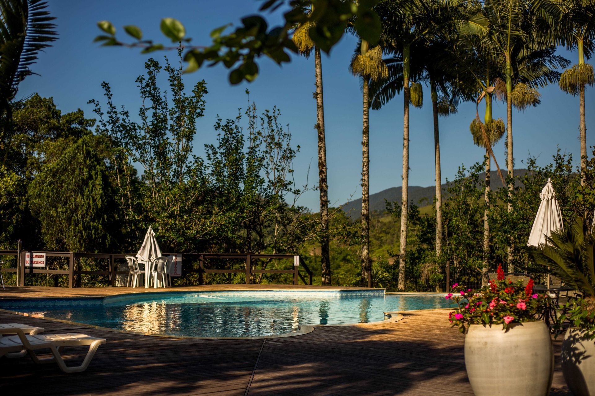 Vista da piscina: piscina azul, espreguiçadeiras, palmeiras, montanhas ao fundo. Luz solar intensa.