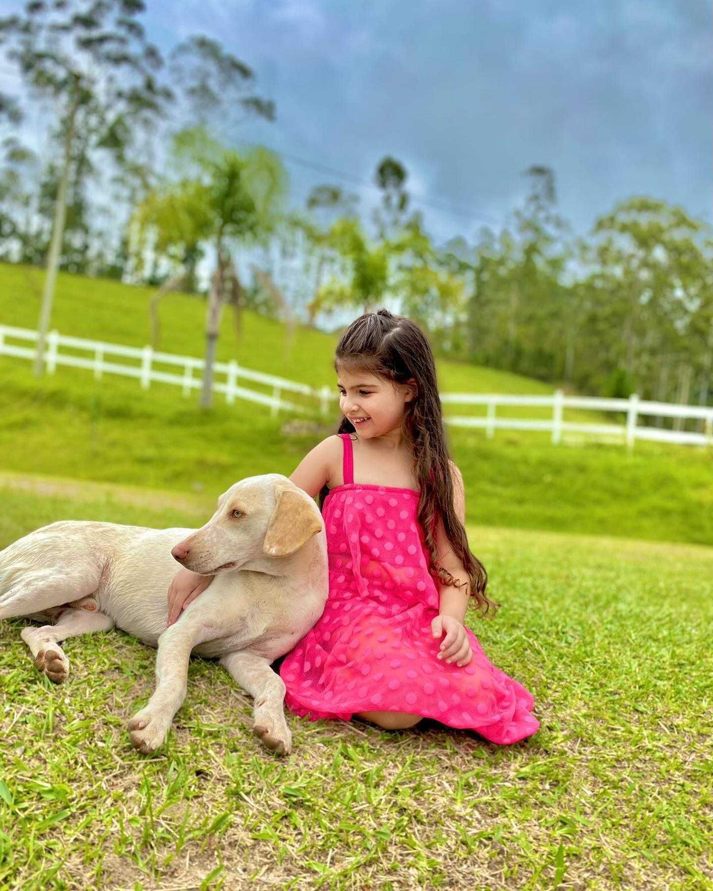 Menina de vestido rosa sentada com um cachorro cor creme em uma colina gramada, olhando para o lado. Cerca branca e árvores ao fundo.