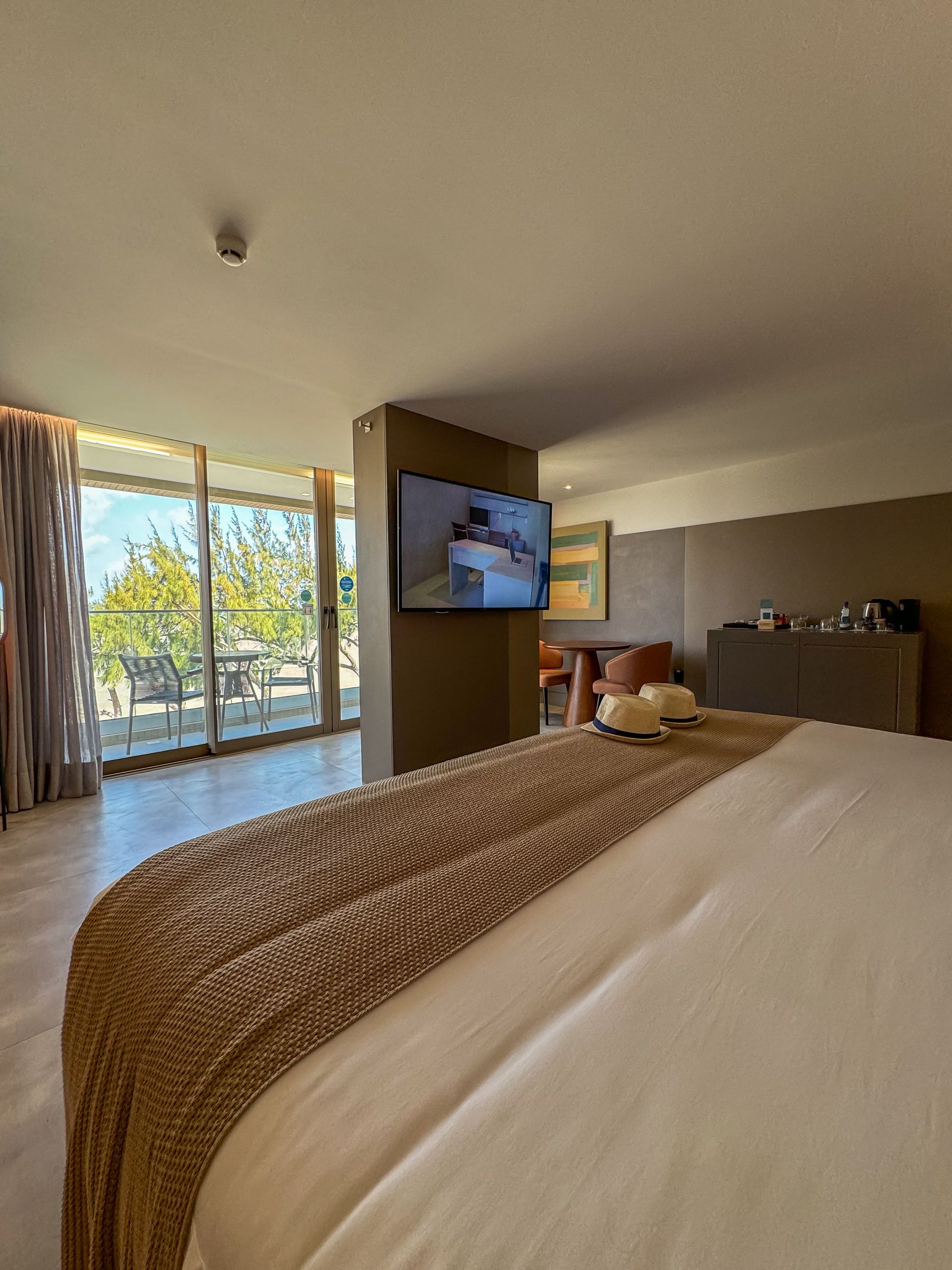 Um quarto de hotel com uma cama grande e uma TV de tela plana.