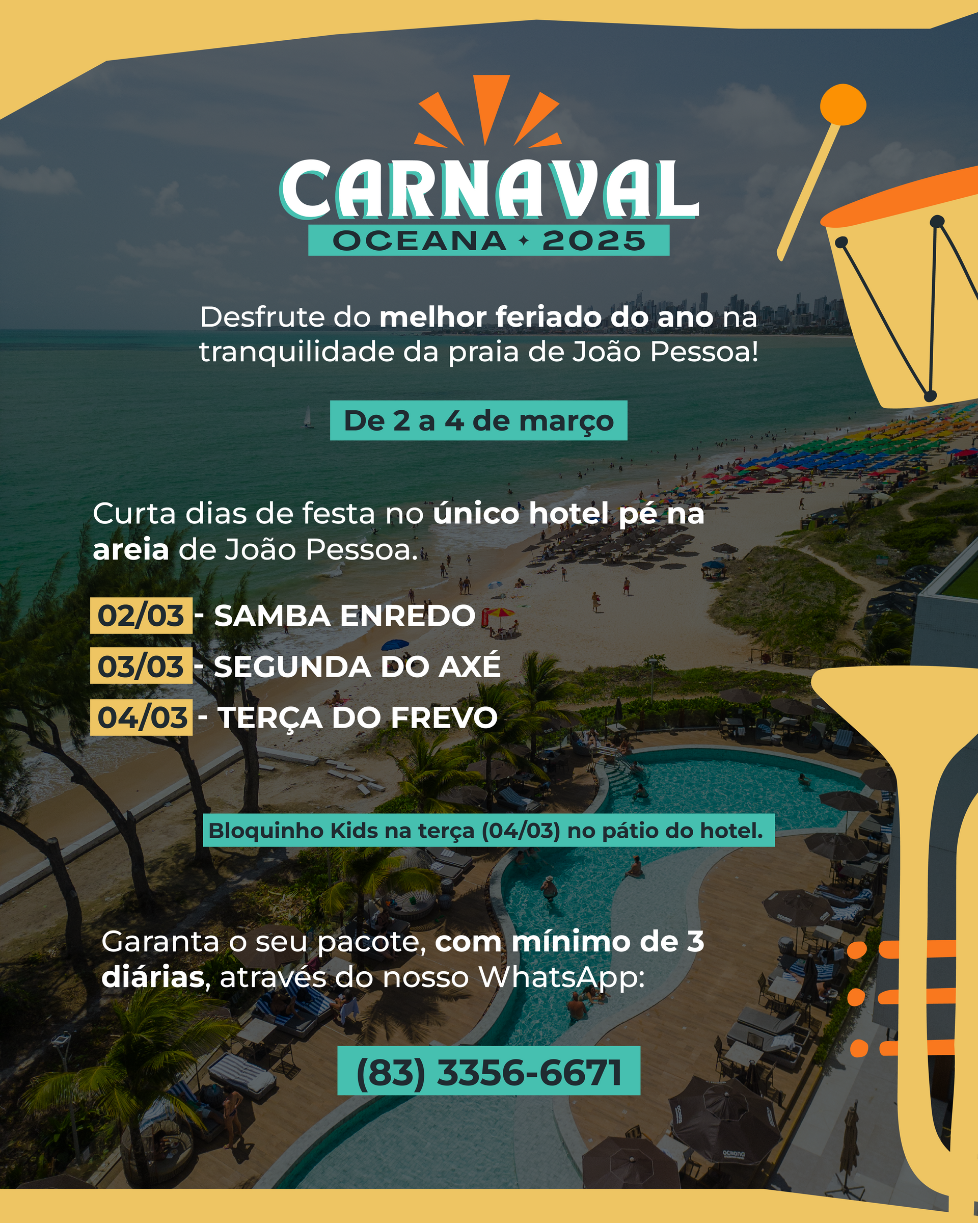 Um cartaz para o carnaval oceana 2025 mostra um tambor e uma trombeta