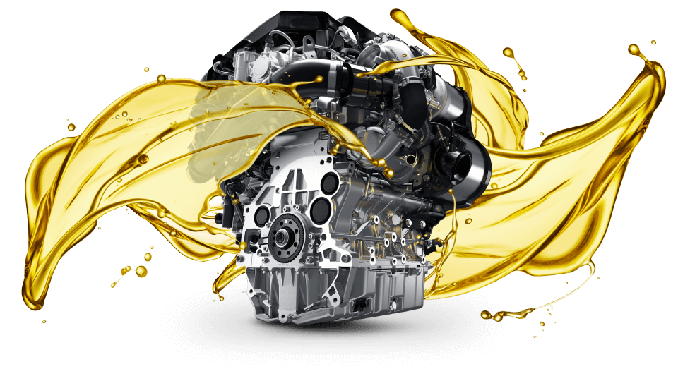 A car engine surrounded by dynamic, swirling splashes of golden motor oil against a white background.