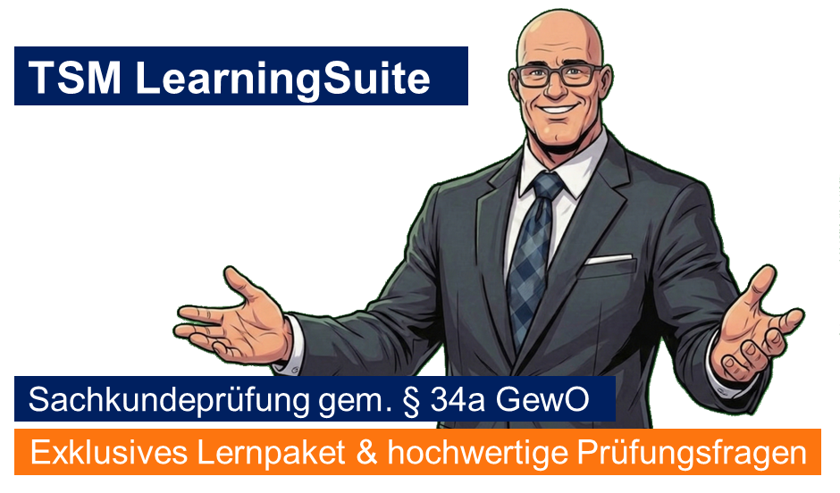 TSM LearningSuite-Banner mit einem Mann im Anzug und deutschem Text zur Vorbereitung auf die Lizenzprüfung.