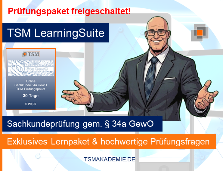 Werbeplakat für TSM LearningSuite zur Sachkundeprüfung, mit Mann im Anzug und orange-blauem Layout