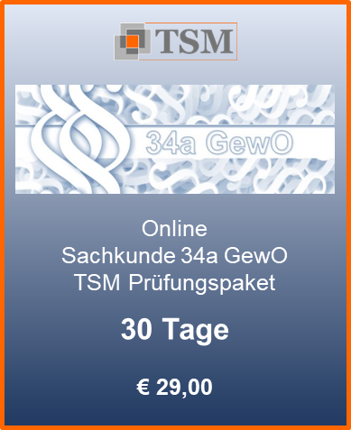Sachkunde 34a GewO - TSM Prüfungspaket 30 Tage TSM promo banner for Online Sachkunde 34a GewO, 30 Tage, €29,00, with “Erscheint in Kürze” text