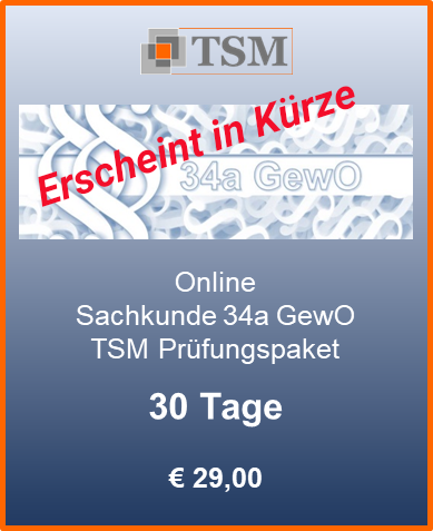 Sachkunde 34a GewO - TSM Prüfungspaket 30 Tage TSM Online-Prüfungsvorbereitung für die GewO-Sicherheitszertifizierung 34a, 30-tägiger Zugriff, Preis: 29,00 €.