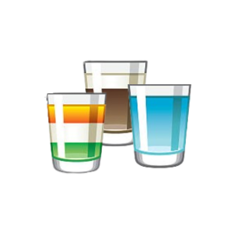 Three layered alcoholic shots in different colors.