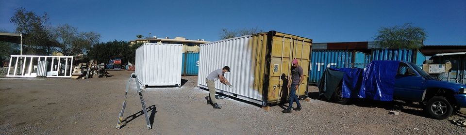 How to Paint a Shipping Container with a paint sprayer. We were doing work in my yard.  Those are my cousins!