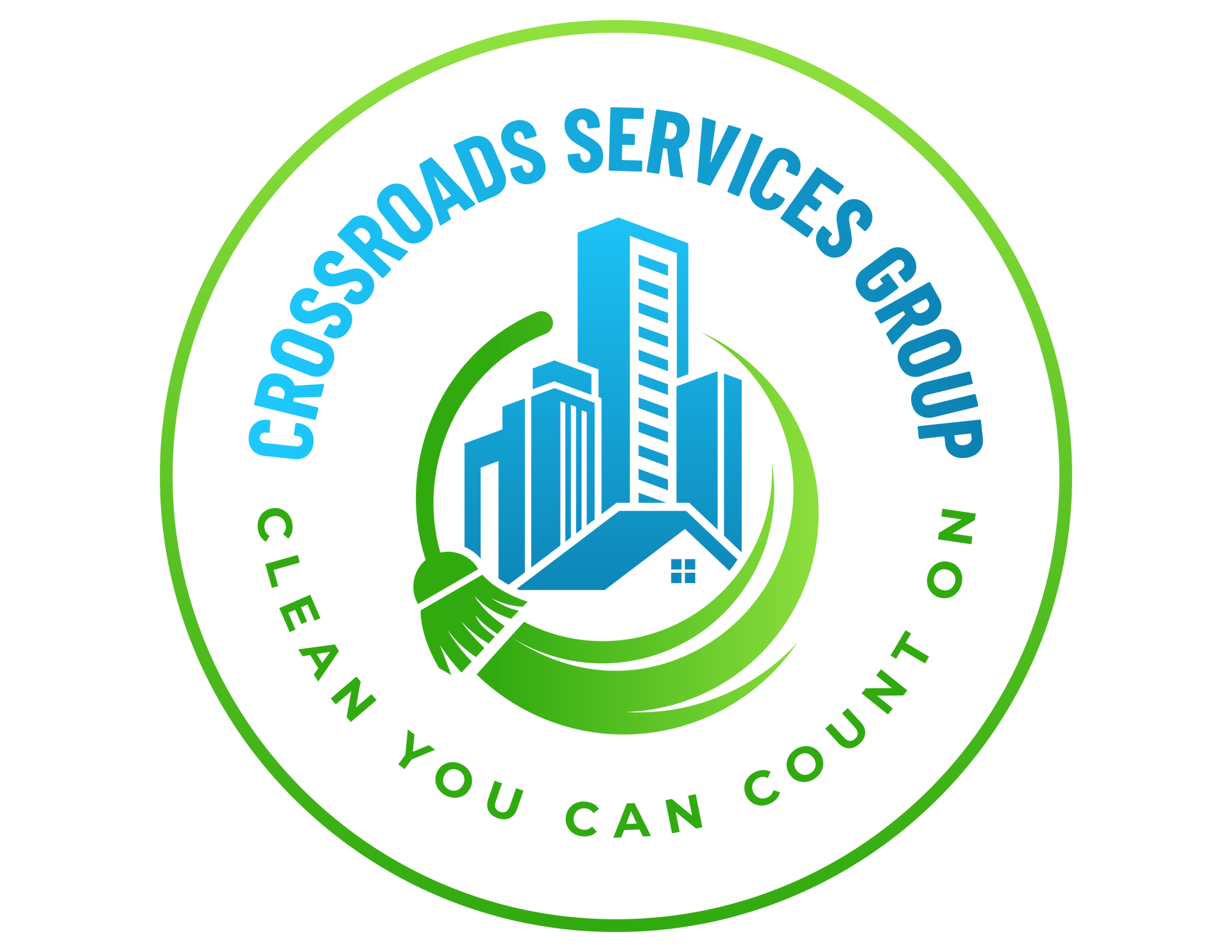 Logo for Crossroads Services Group. Buildings and a broom inside a green circle.