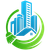 Blue buildings and a house within a green circular design, with a broom sweeping.