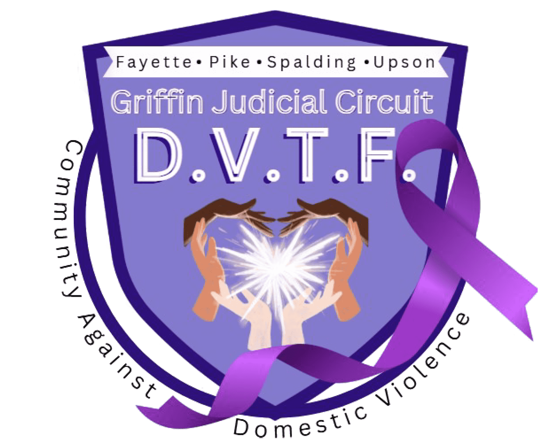 Griffin Judicial Circuit Domestic Violence Task Force logo: purple shield with hands, ribbon, text, and counties listed.