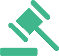 Green gavel on a stand, representing legal proceedings or auctions.