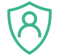 Green shield with a person icon inside, symbolizing privacy and protection.