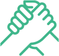 Green outline of two hands clasped together, symbolizing partnership.