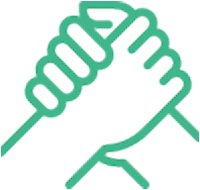 Green outline of two hands clasped together, symbolizing partnership.