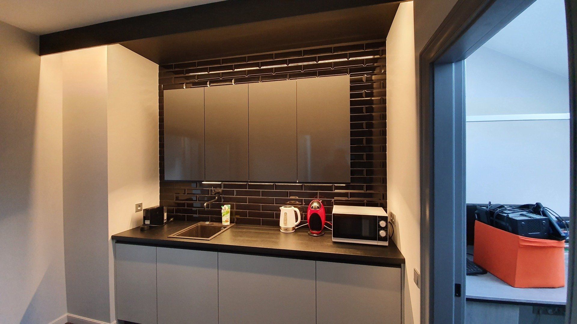 Virtuvė su kriaukle ir mikrobangų krosnele