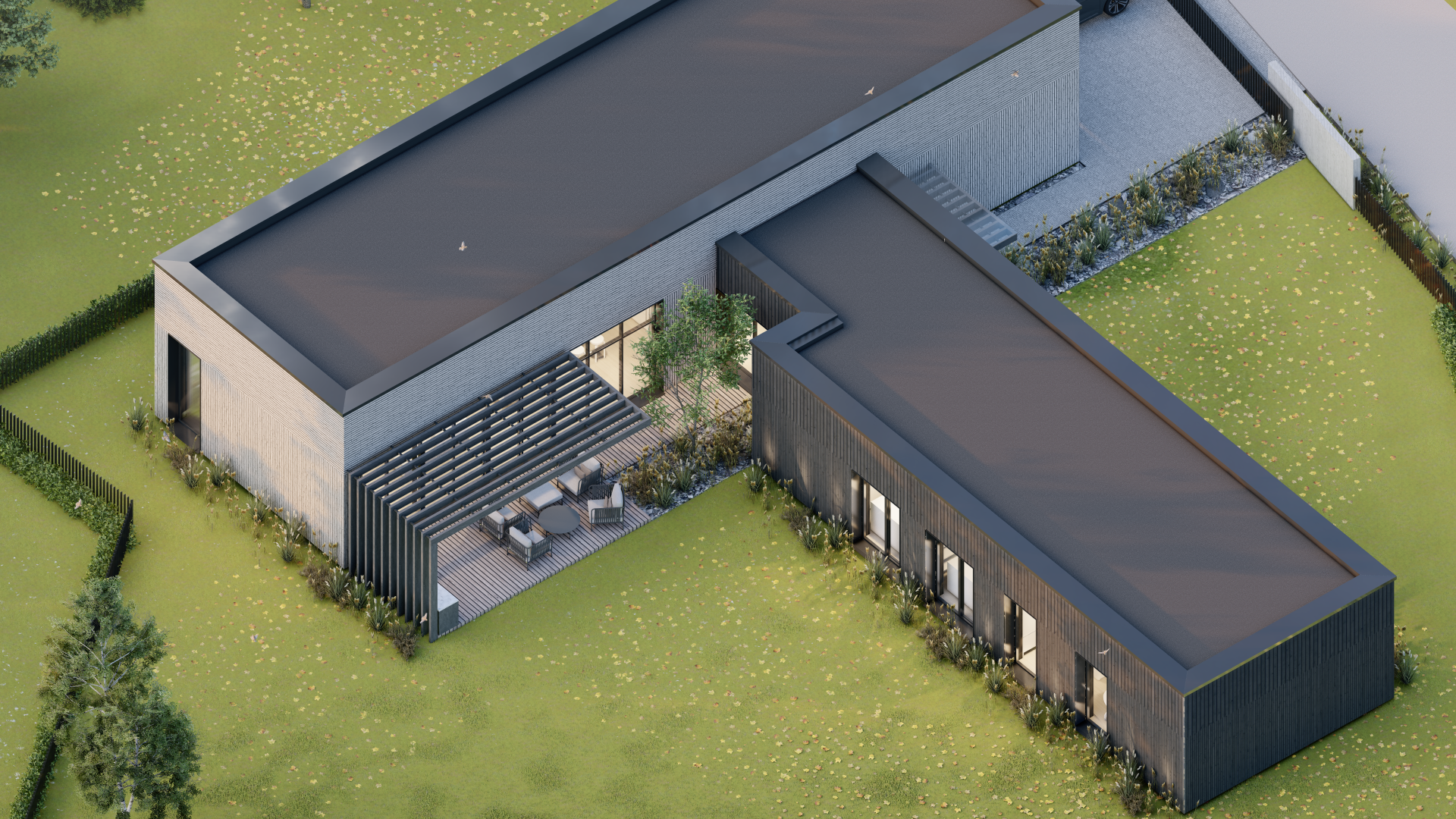 L raidės formos namo vaizdas iš oro