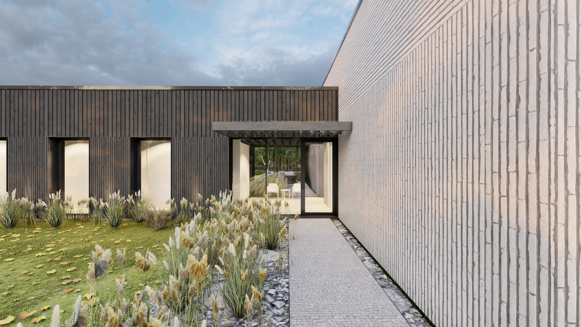 Menininko įsivaizdavimas apie modernų namą su į jį vedančiu taku.