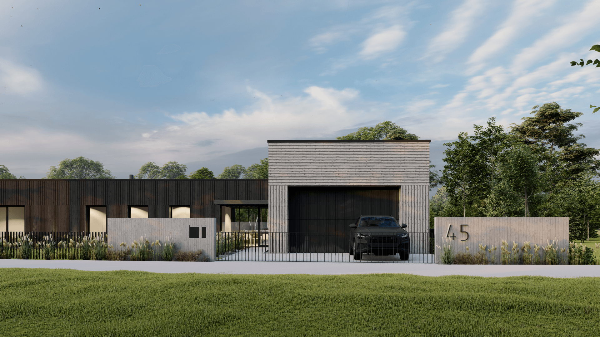 Automobilis stovi priešais modernų namą.