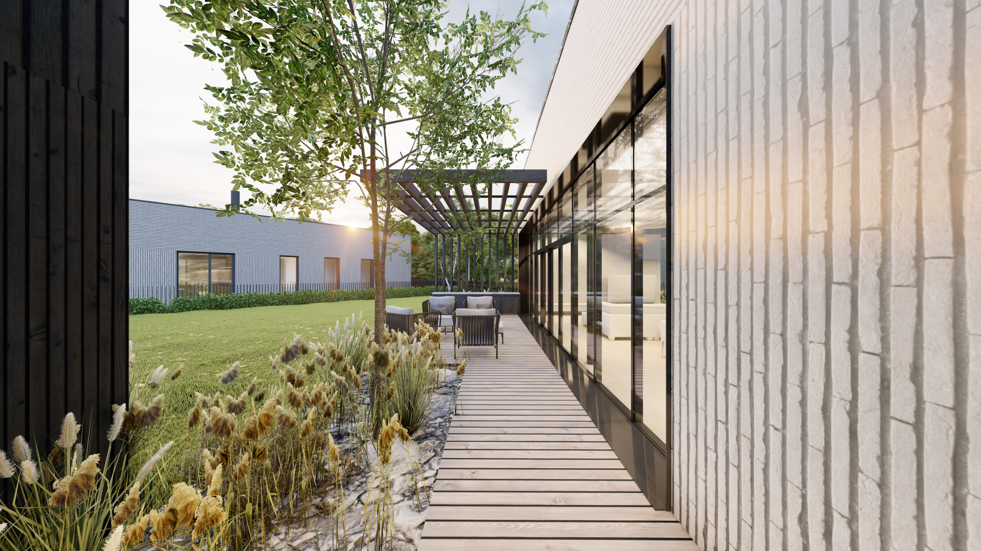 Šiuolaikinio namo su terasa ir pergole 3D vizualizacija.