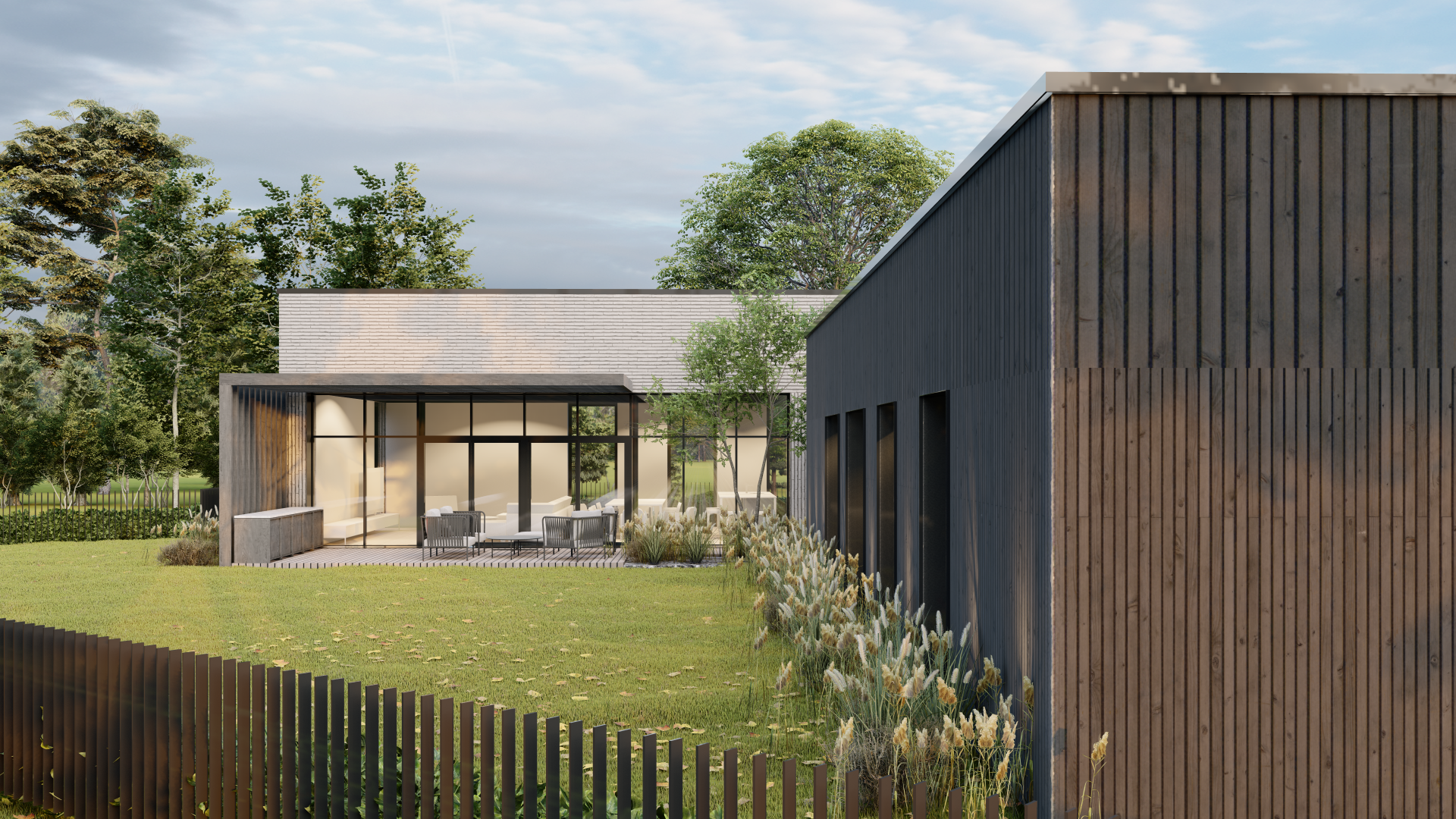 Menininko įsivaizdavimas apie modernų namą su tvora priešais jį.