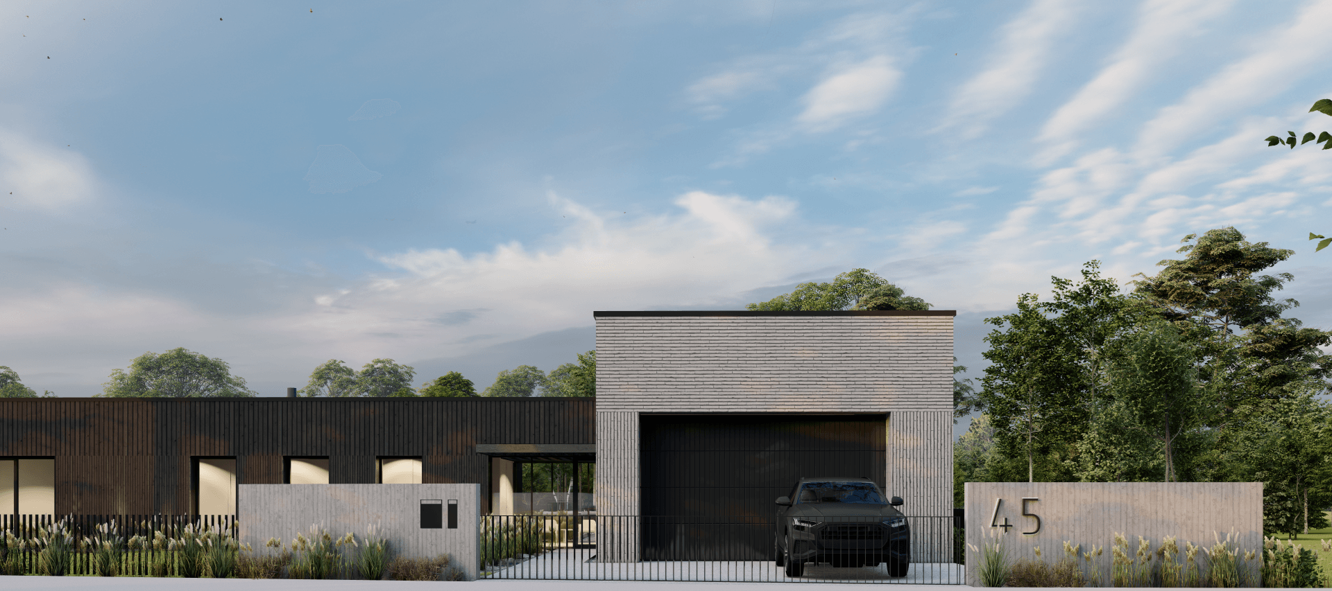 Automobilis pastatytas prie namo su 45 numeriu.