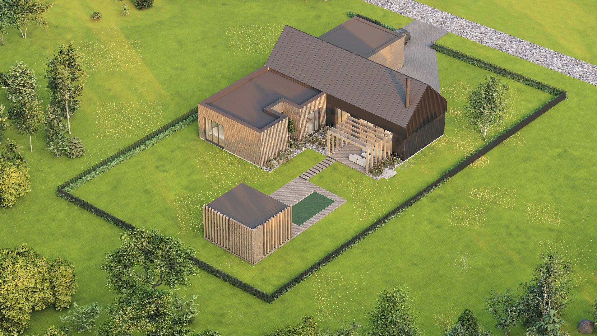 Namo su baseinu kieme vaizdas iš oro.