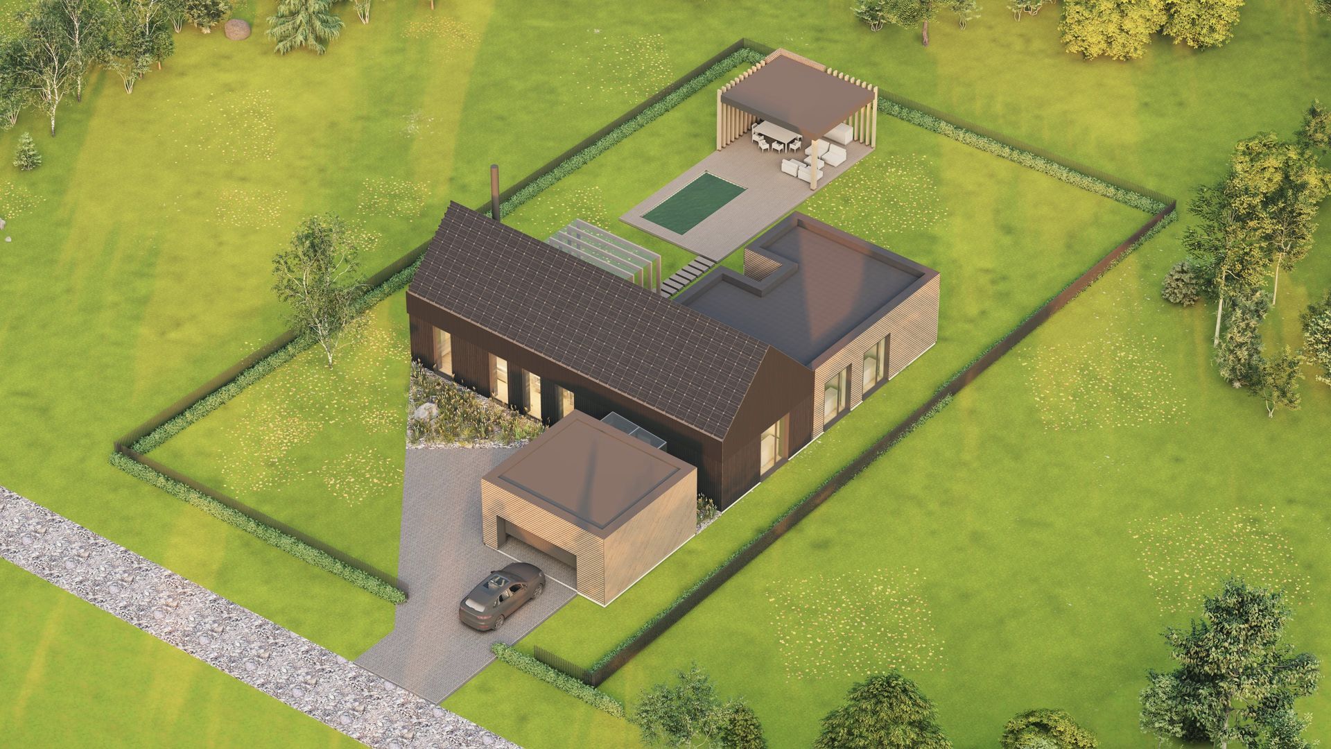 Namo vaizdas iš oro, o priešais jį pastatytas automobilis.