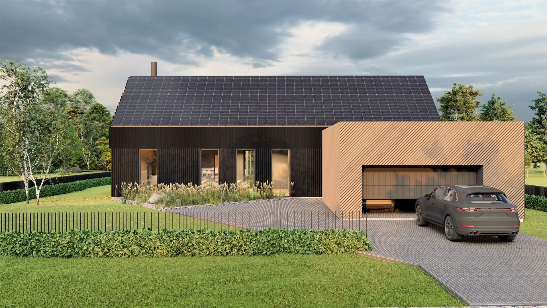 Automobilis pastatytas priešais namą, ant kurio stogo sumontuotos saulės baterijos