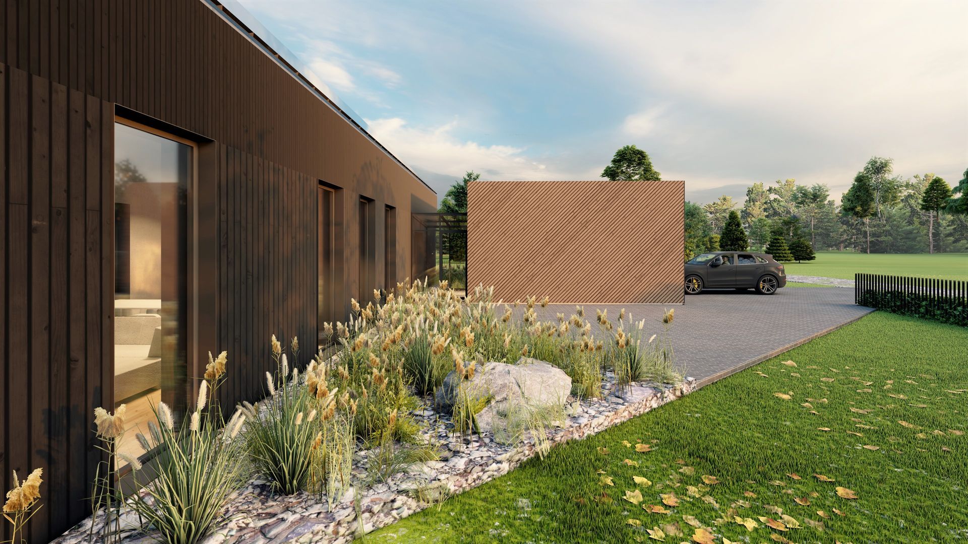 Menininko įsivaizdavimas apie namą, priešais kurį pastatytas automobilis.