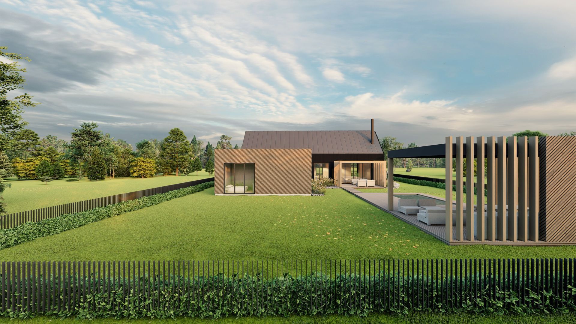 Menininko įsivaizdavimas apie namą su didele veja priešais jį.