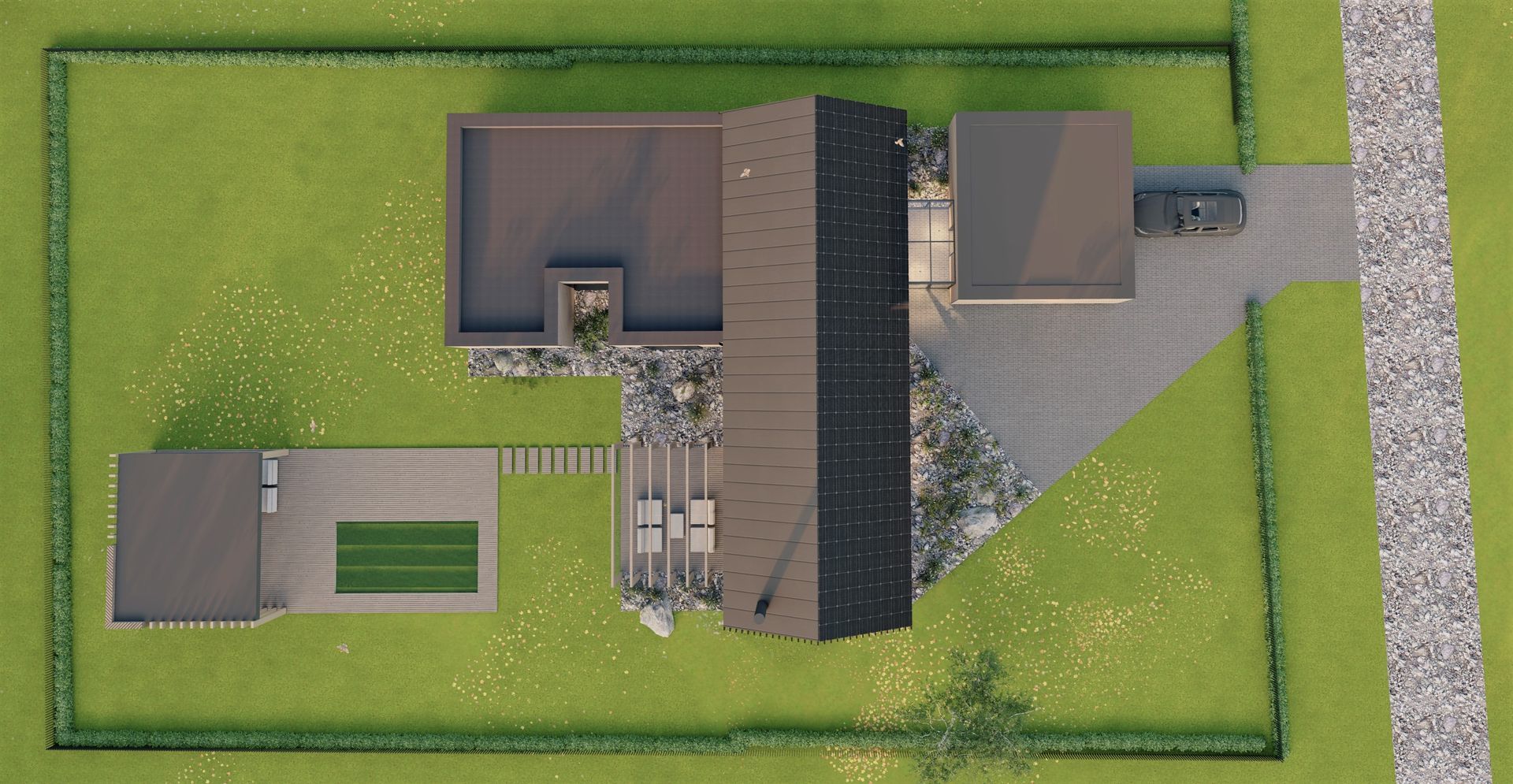 Namo su baseinu ir priešais jį pastatytu automobiliu vaizdas iš oro.