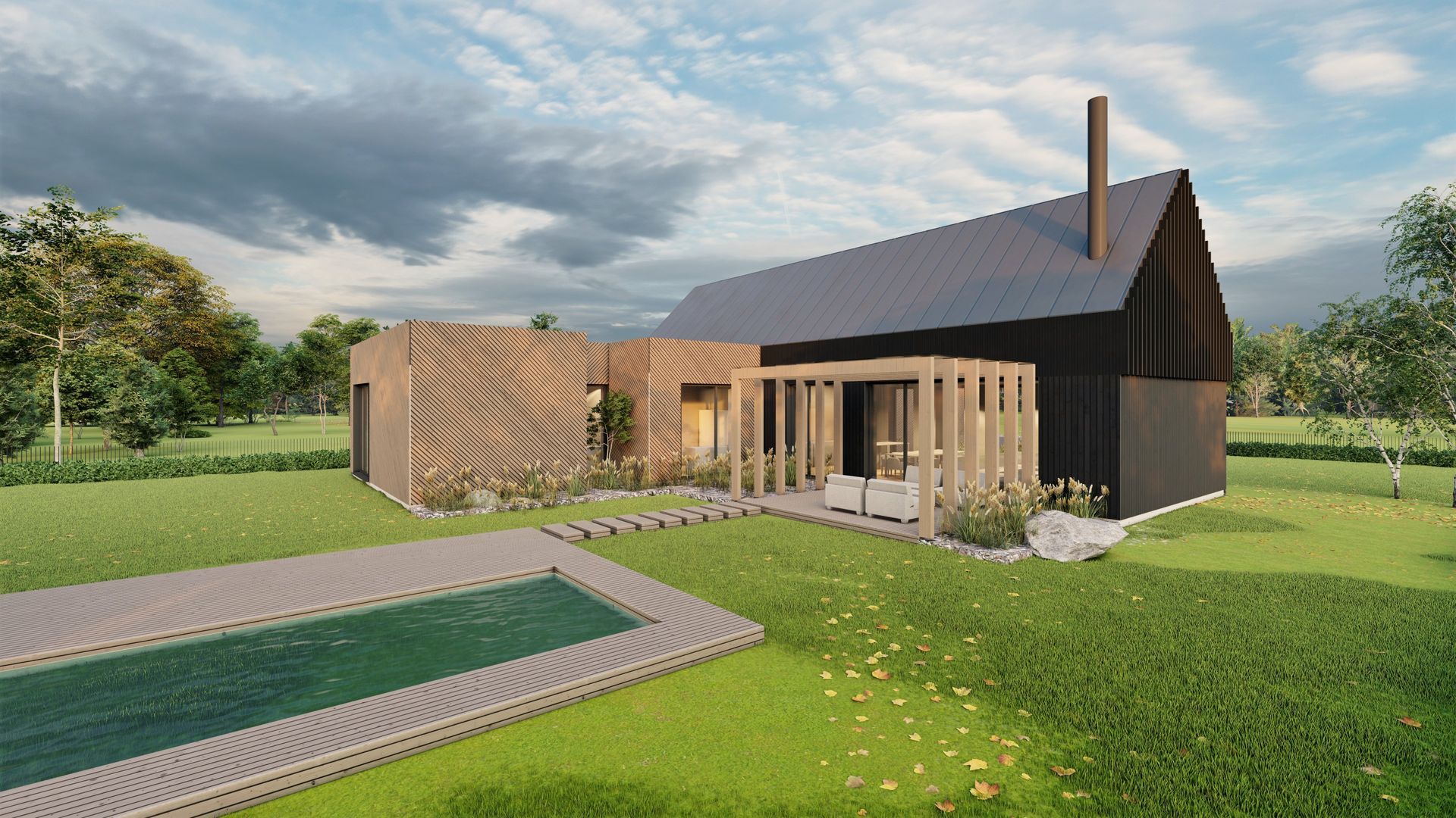 Menininko įsivaizdavimas apie namą su baseinu kieme.