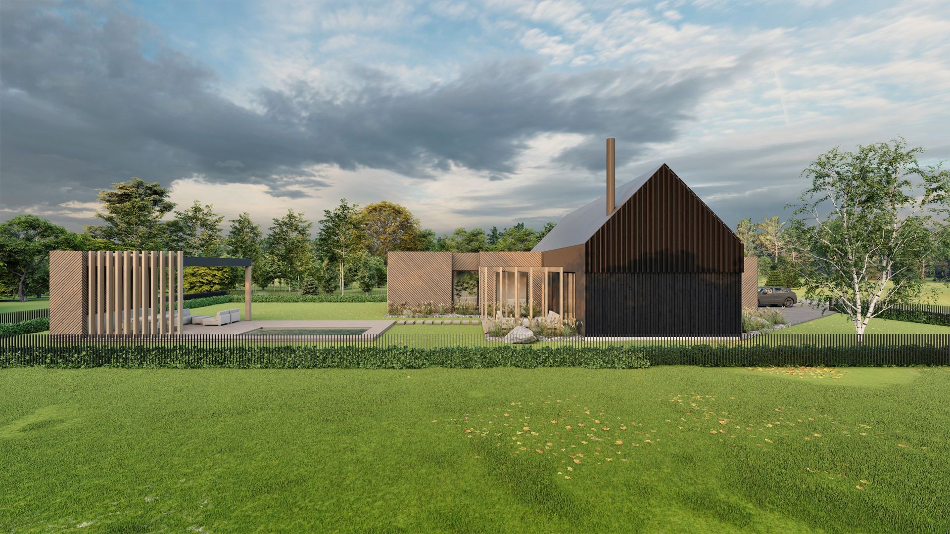 Namas stovi vešlaus žalio lauko viduryje.