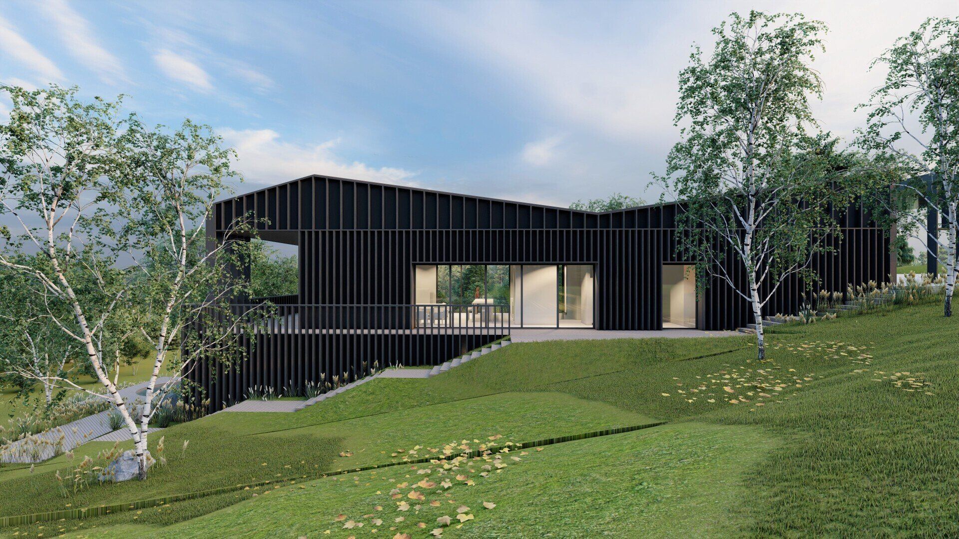 Menininko įsivaizdavimas apie juodą namą ant kalvos, apsuptą medžių.