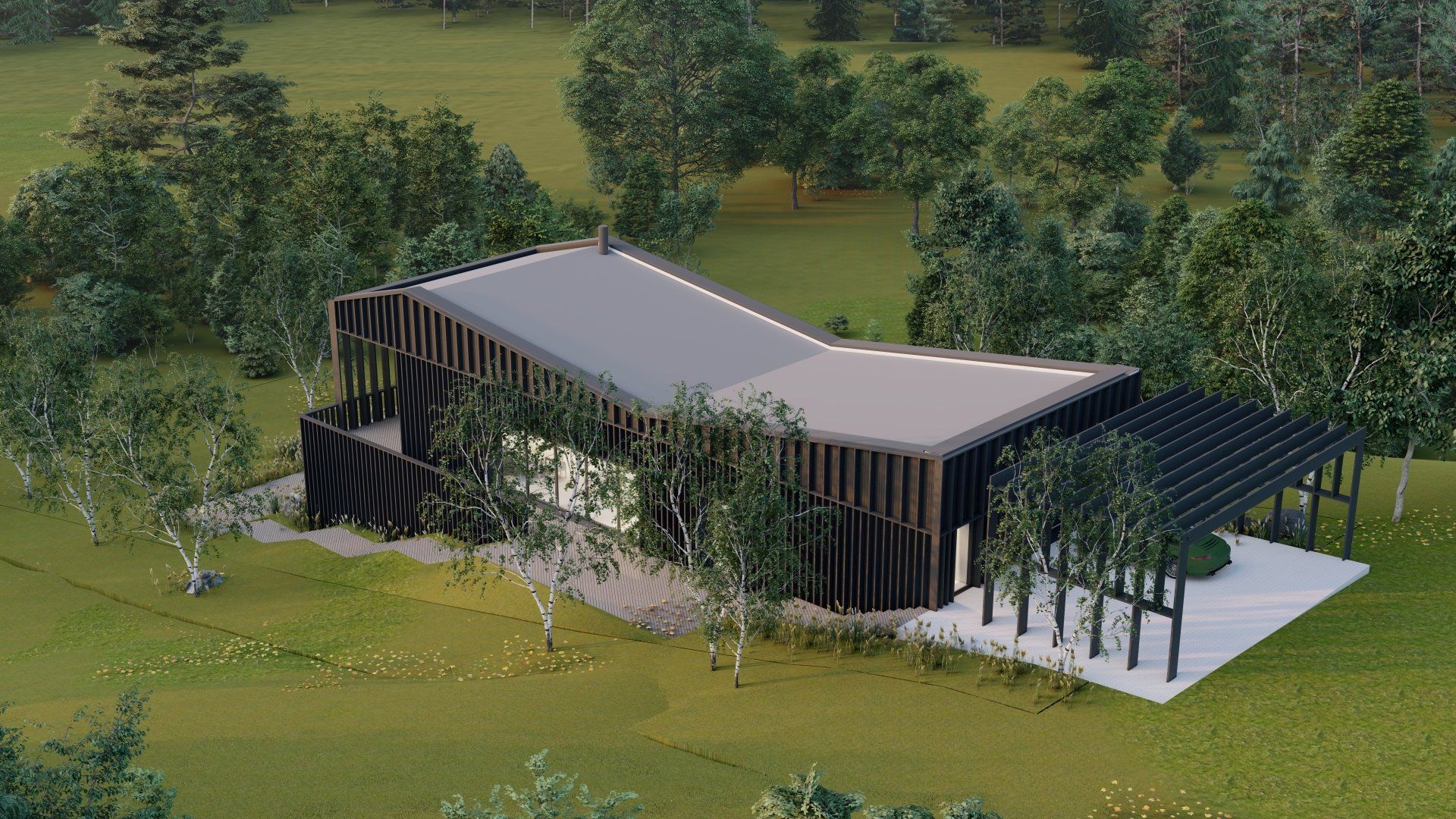 Namo lauko viduryje, medžių apsuptyje, vaizdas iš oro.