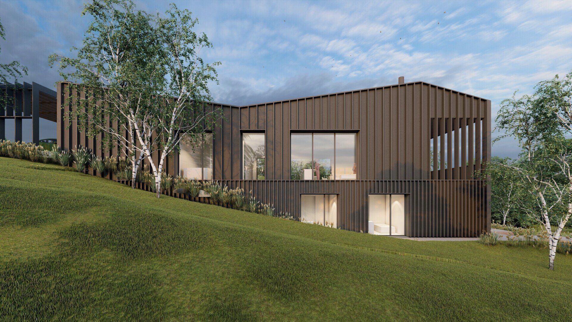 Menininko įsivaizdavimas apie modernų namą ant kalvos, apsuptą medžių.