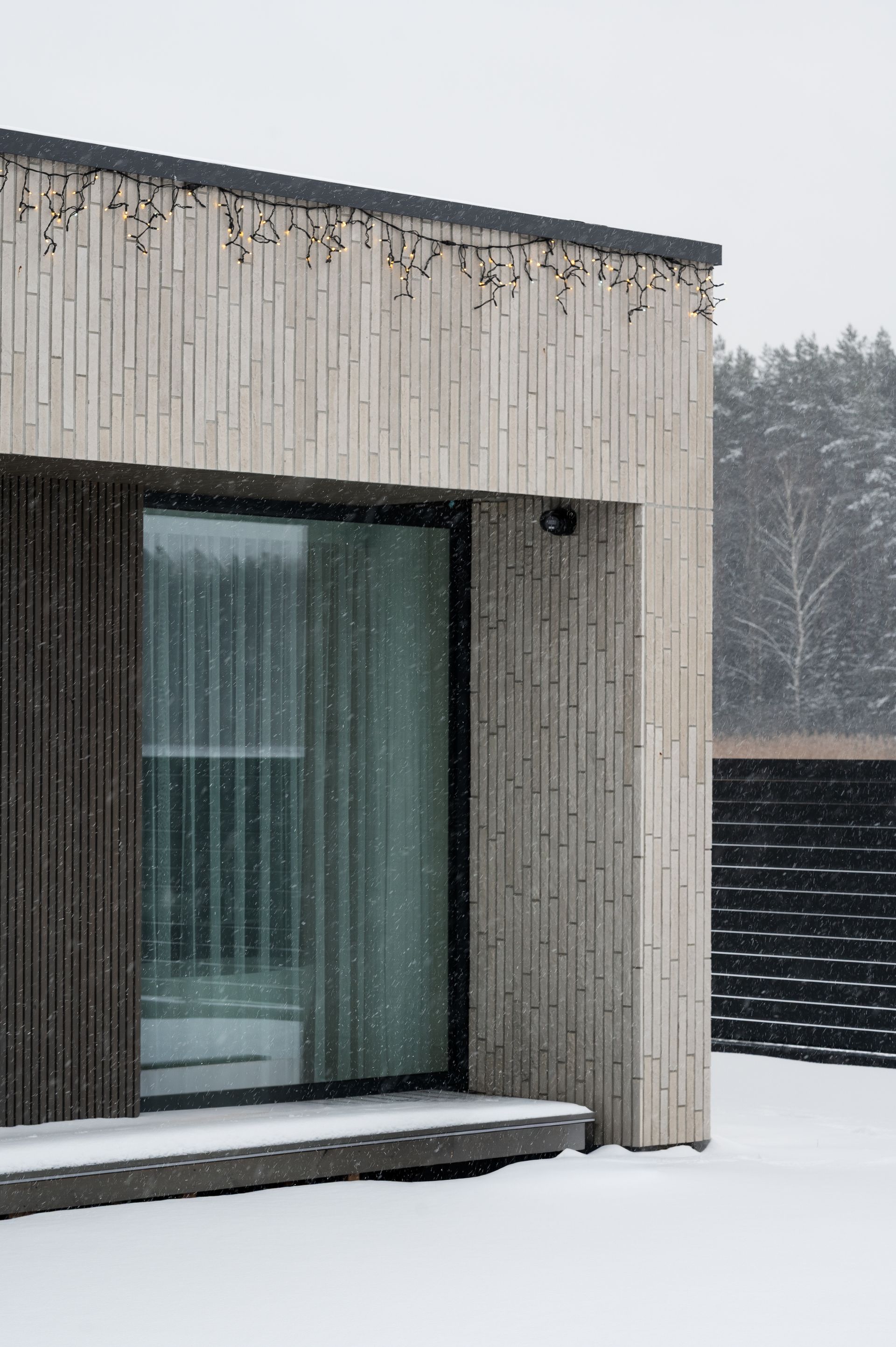 Modern building exterior in a snowy setting with a large glass door and wooden siding.