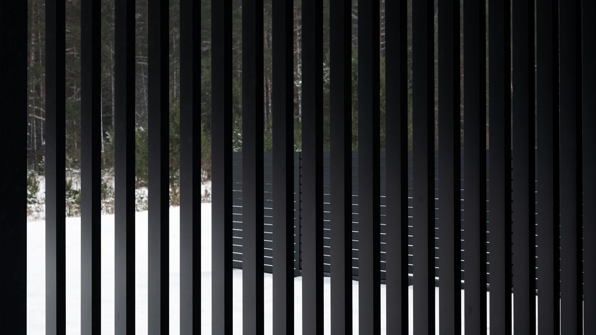 Dark vertical slats partially obscuring a snow-covered outdoor scene.