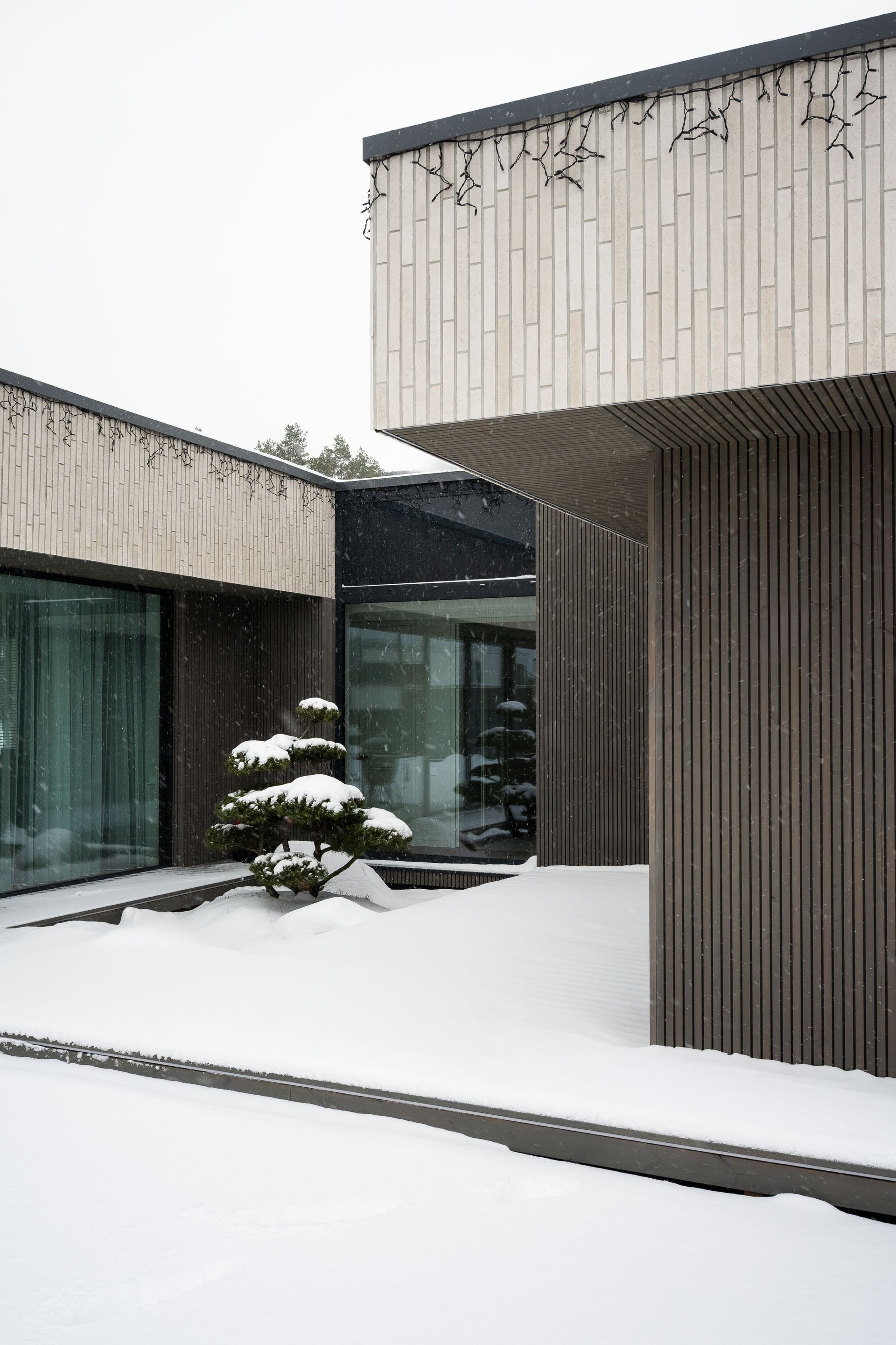 Snow-covered modern building exterior with vertical wooden panels and a small evergreen tree.