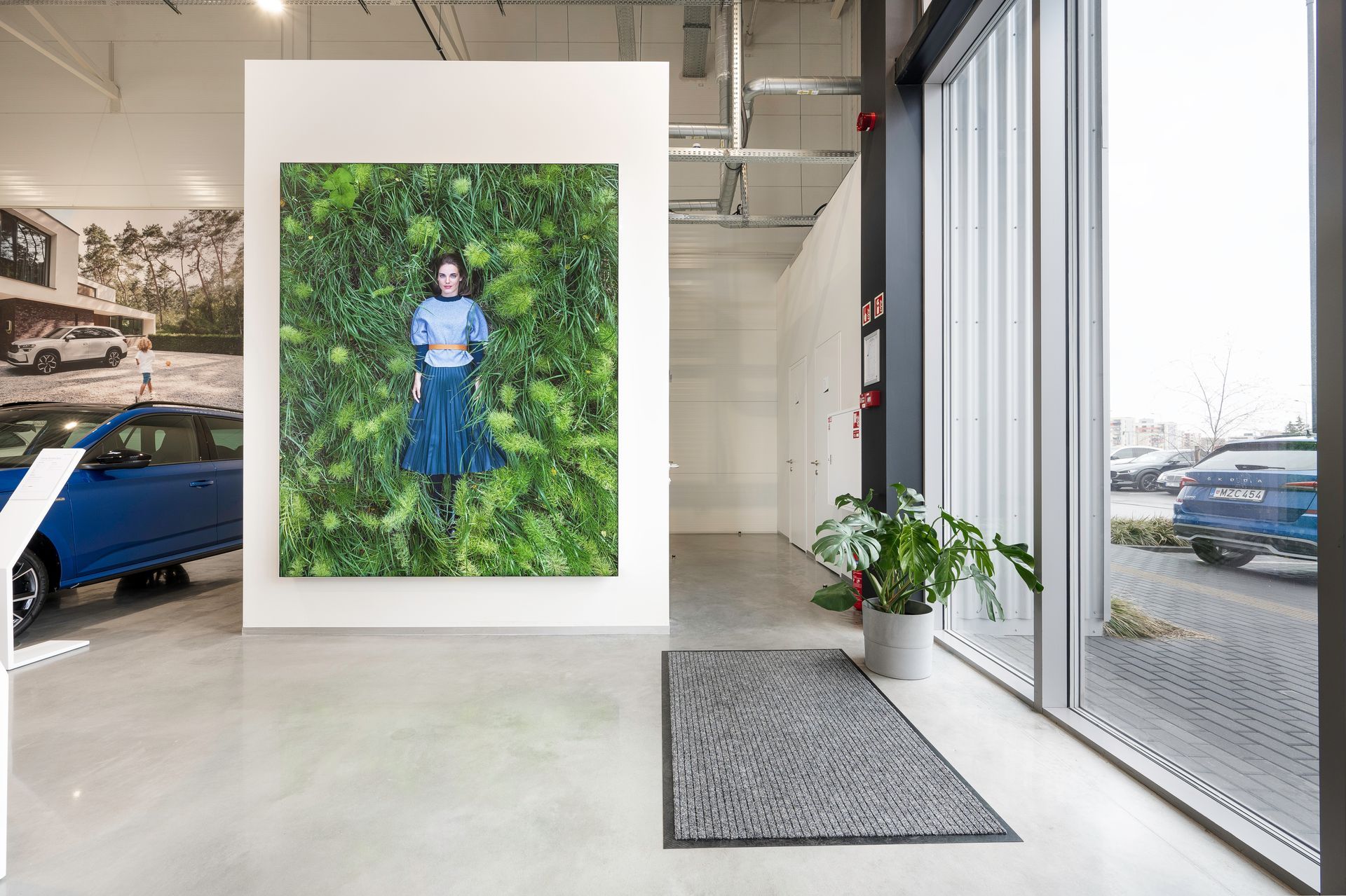 Paveikslas, kuriame pavaizduota ant sienos gulinti moteris, o fone – mėlynas automobilis.