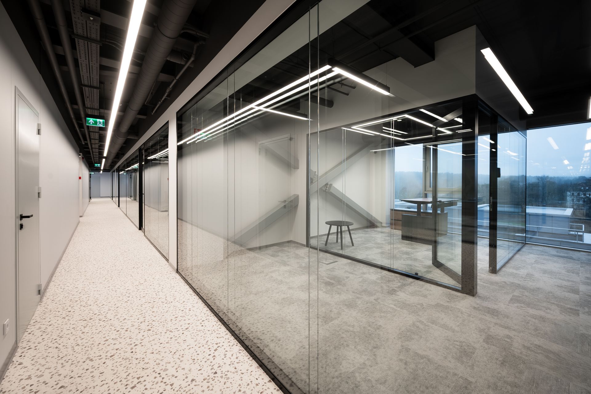 Modern office hallway with glass-walled offices. Gray carpet, white walls, black ceiling with overhead lighting.