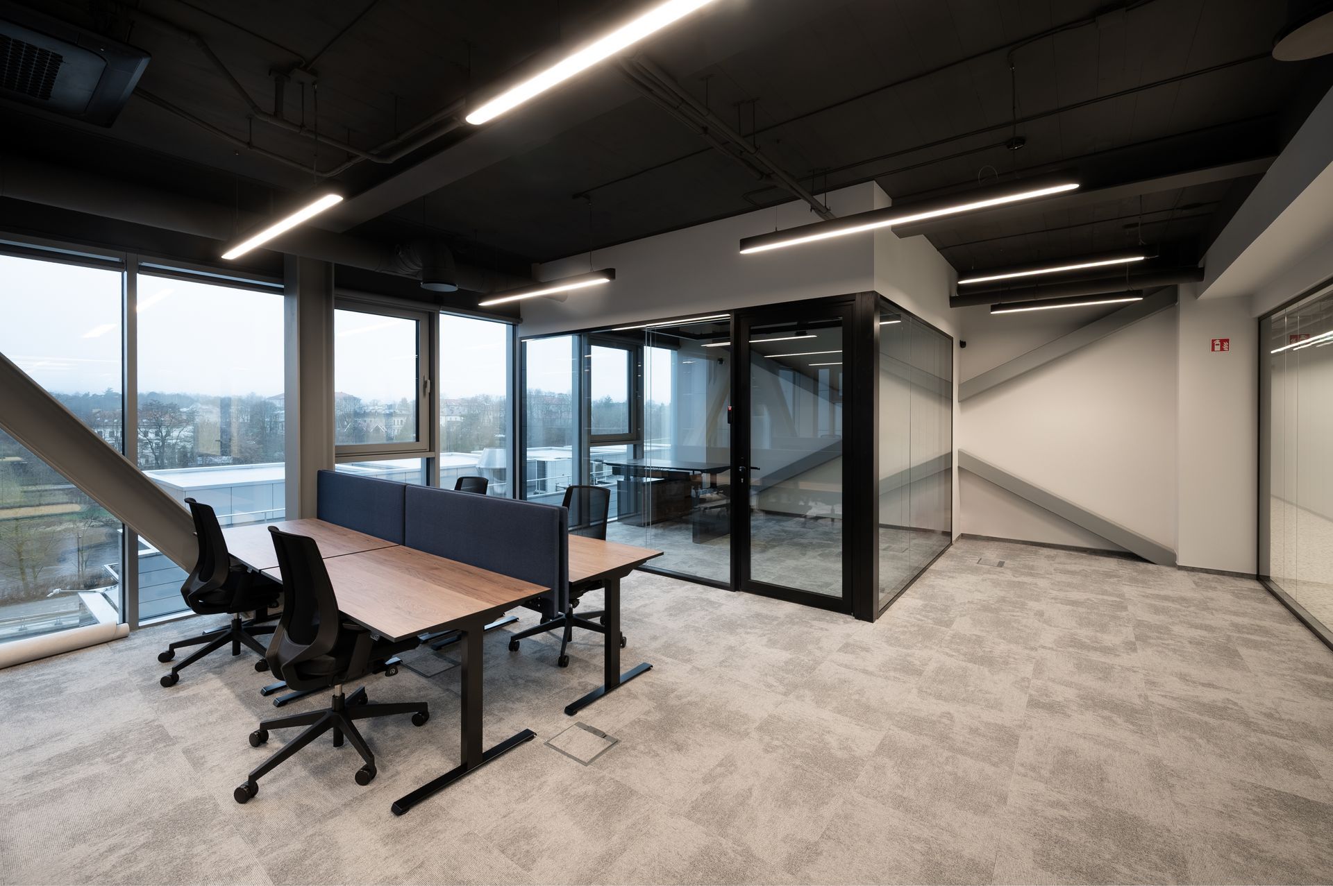 Modern office space with desks, black chairs, glass-walled office, large windows, and gray carpet.