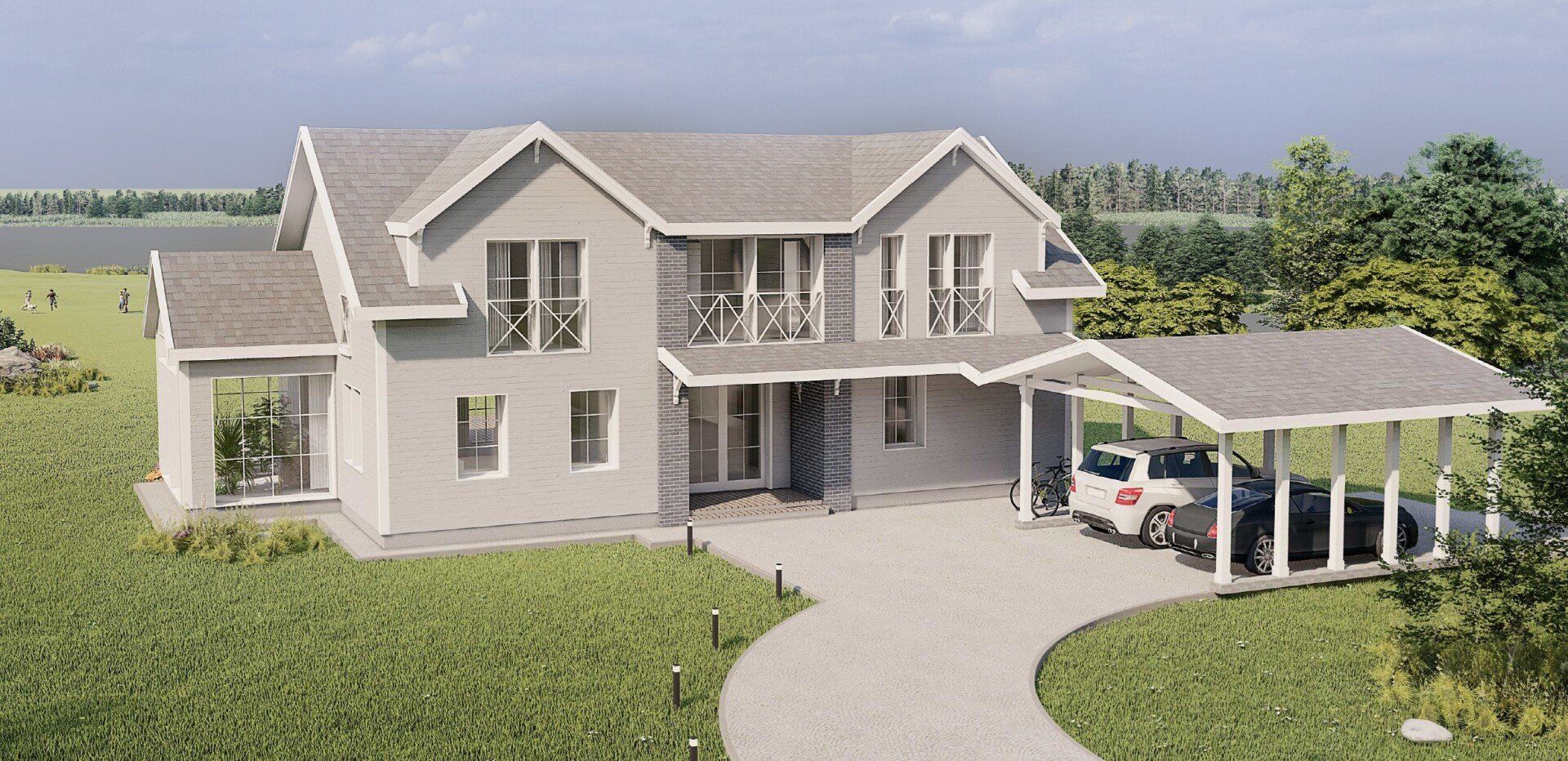 Didelio namo ir priešais jį pastatyto automobilio vaizdas iš oro.