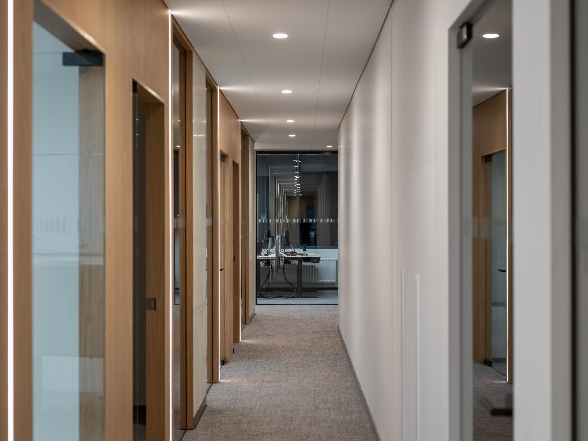Ilgas koridorius su medinėmis sienomis ir stiklinėmis durimis, vedantis į konferencijų salę.
